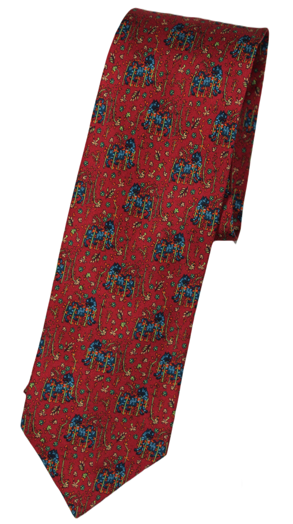 Drake's – Red Silk Tie w/Blue Leopard Print