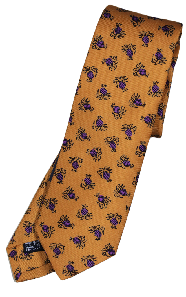 Drake's – Marigold Silk Tie w/Purple Pineapple Print