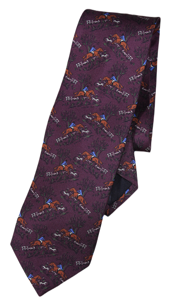 Drake's – Purple Silk Tie w/Fox Hunt Print