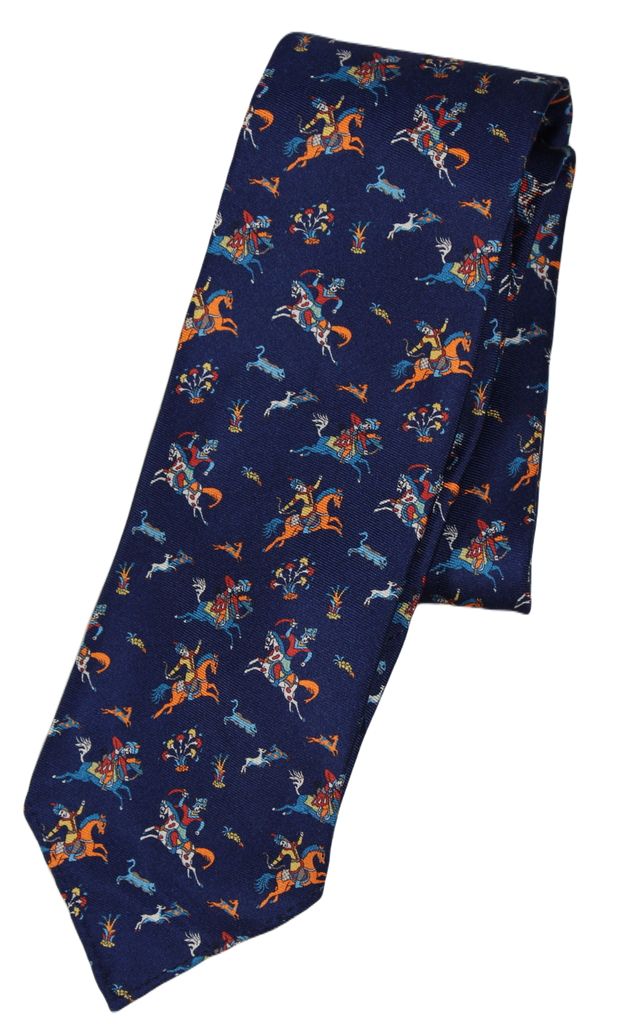 Drake's – Blue Silk Tie w/Arabian Hunting Print