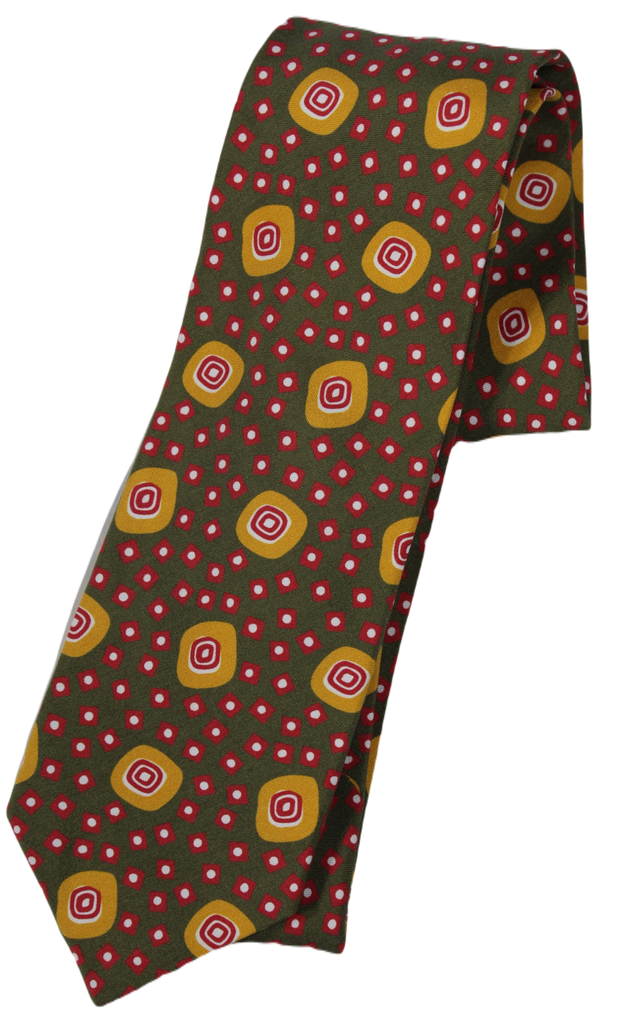 Drake's – Olive Silk Tie w/60's Style Party Print