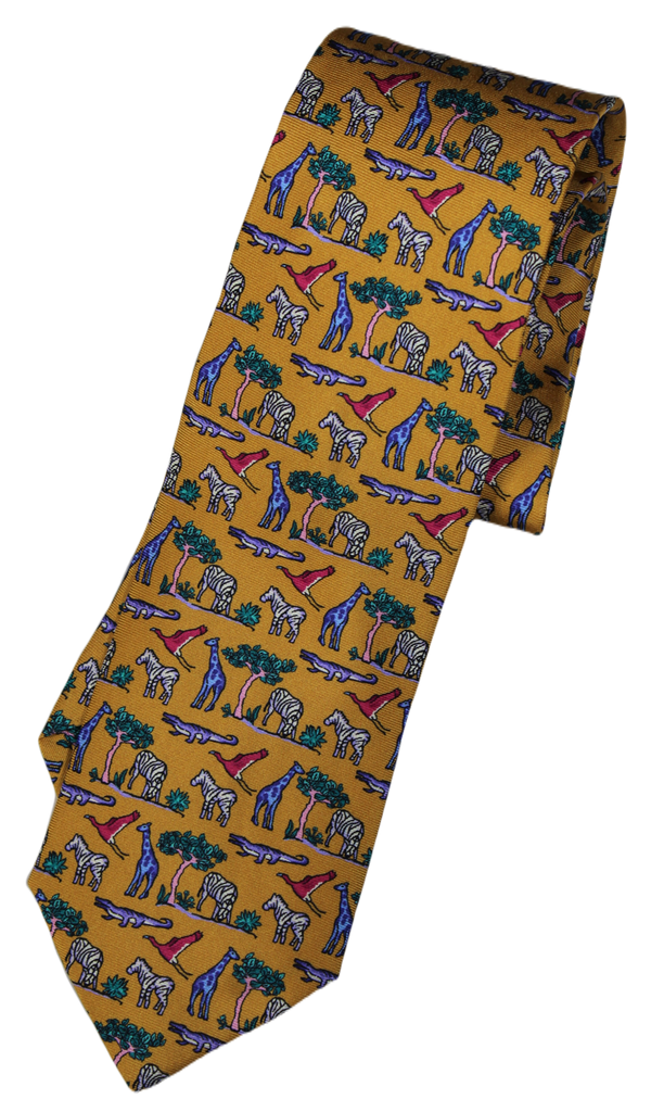 Drake's – Mustard Silk Tie w/African Animal Print