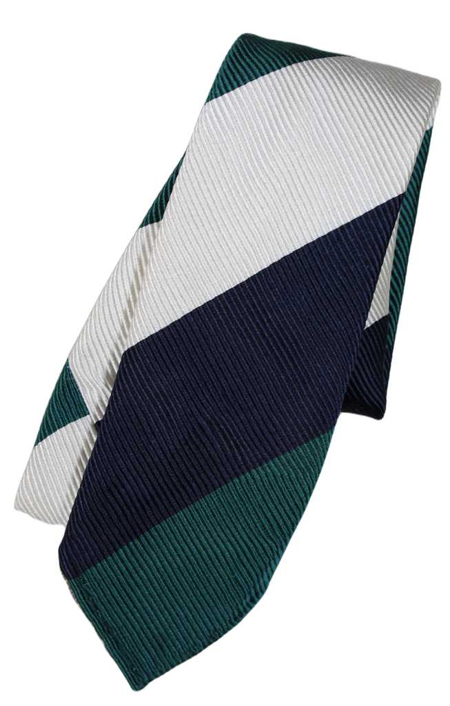 Drake's – Green, Navy & White Wide Regimental Stripe Tie (IMPERFECT - FS)