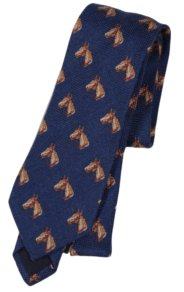 Drake's – Blue Wool/Silk/Cashmere Faded Horse Print Tie