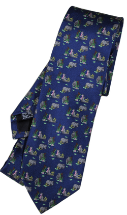 Drake's – Blue Silk Tie w/Hippo Print