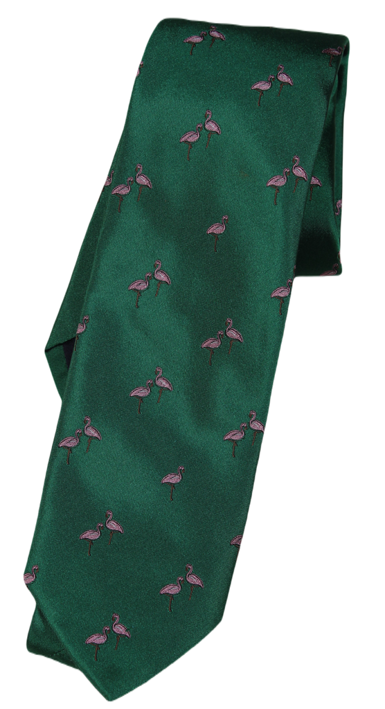 Drake's – Green Silk Tie w/Pink Flamingo Pattern