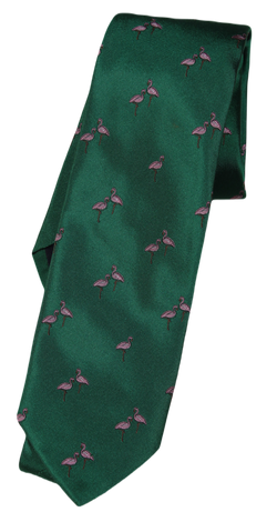Drake's – Green Silk Tie w/Pink Flamingo Pattern