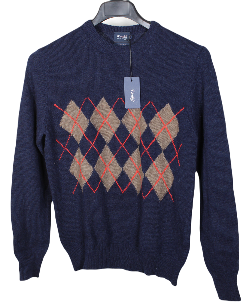 Drake's – Navy Wool/Alpaca Sweater w/Brown Argyle Print