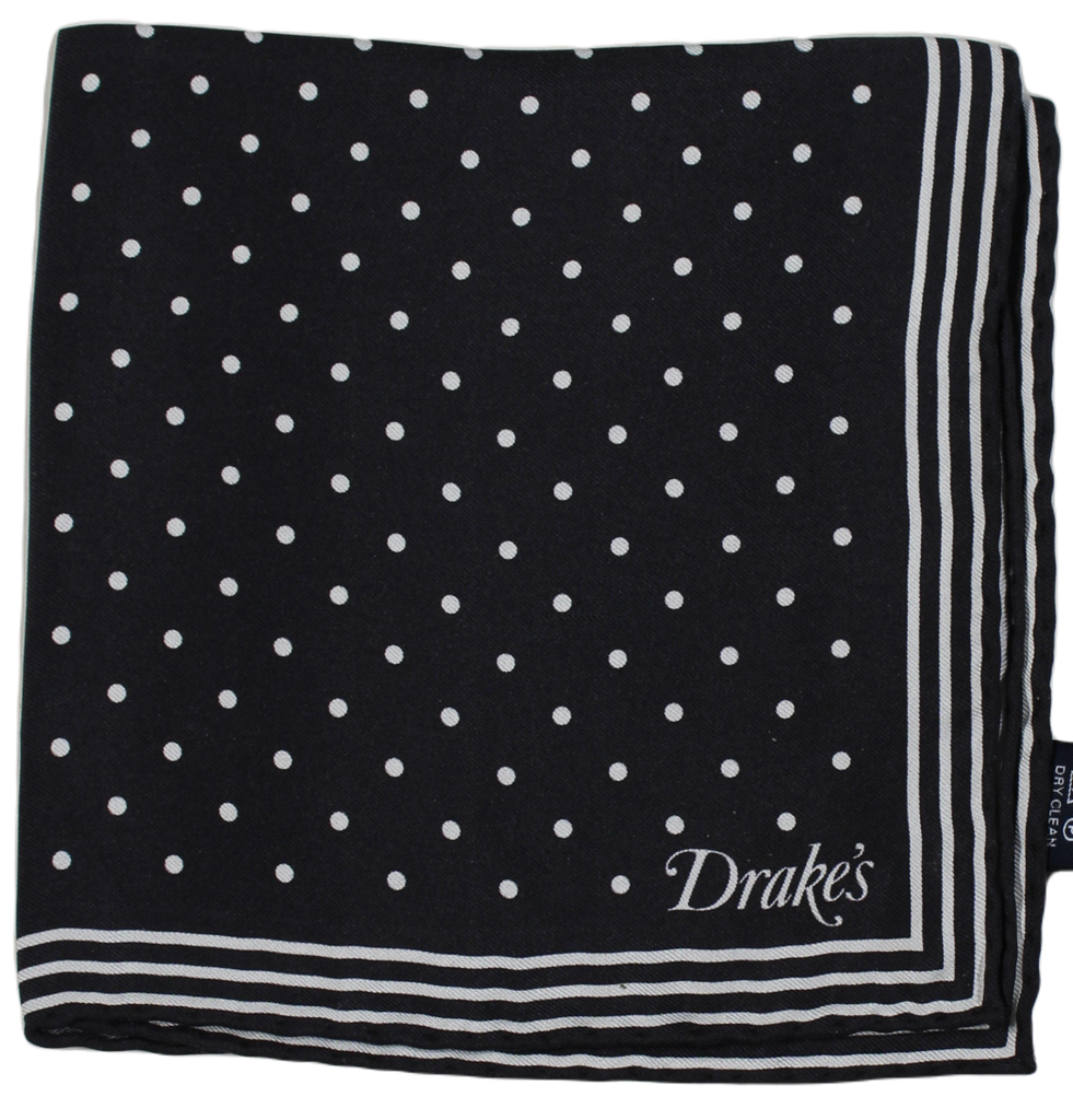 Drake's – Black Silk Pocket Square w/Polka Dot Pattern