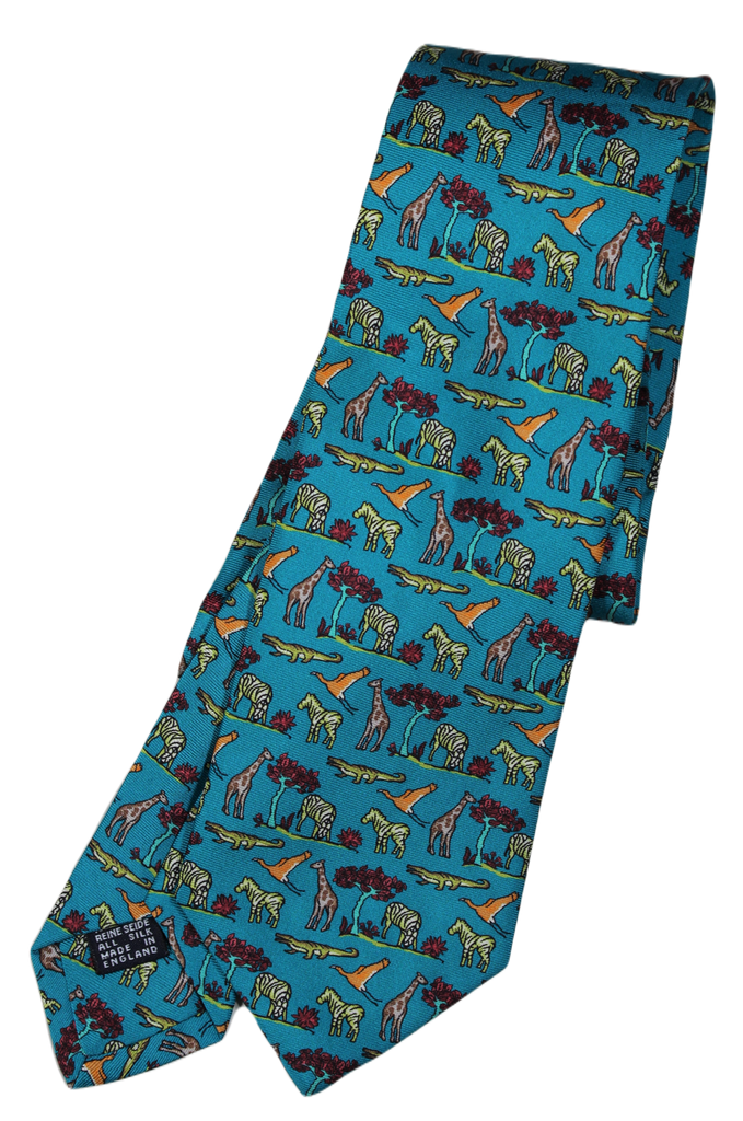 Drake's – Teal Silk Tie w/African Animal Print