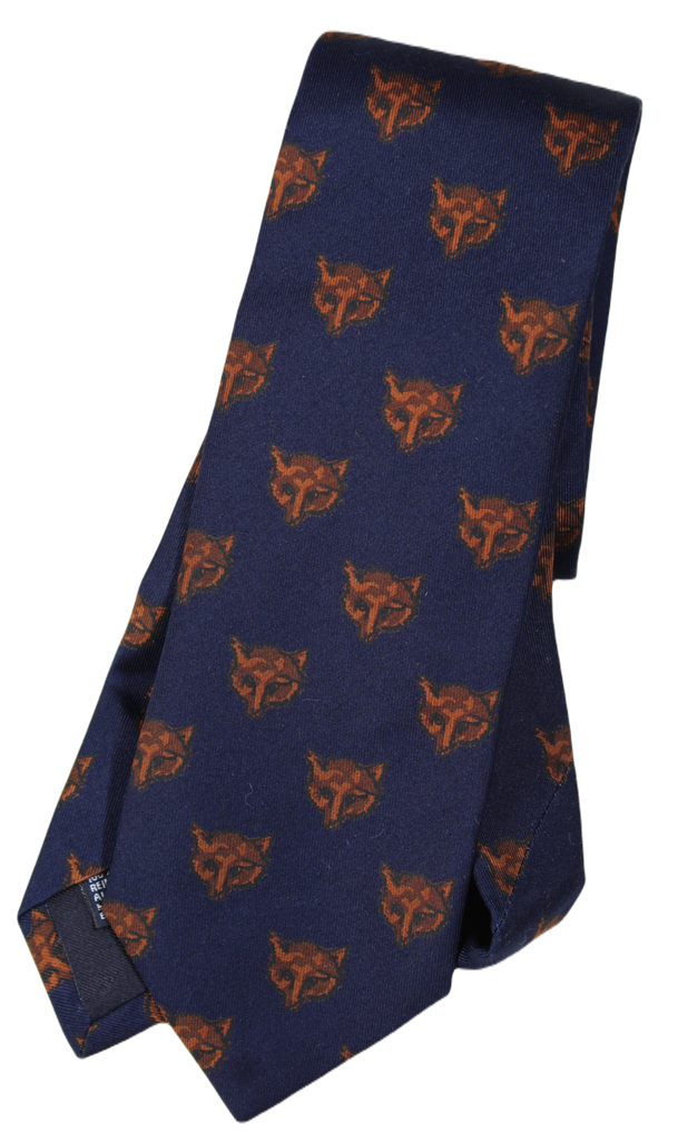 Drake's – Navy Silk Tie w/Brown Fox Print