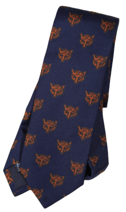 Drake's – Navy Silk Tie w/Brown Fox Print