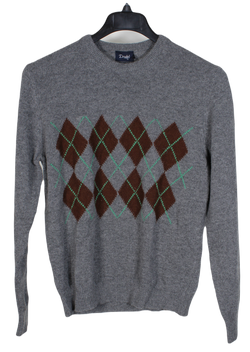 Drake's – Gray Wool/Alpaca Sweater w/Brown Argyle Print