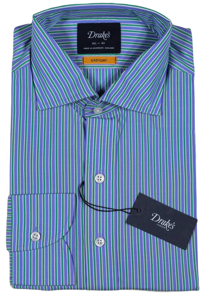 Drake's – Blue & Green Stripe Easyday Dress Shirt