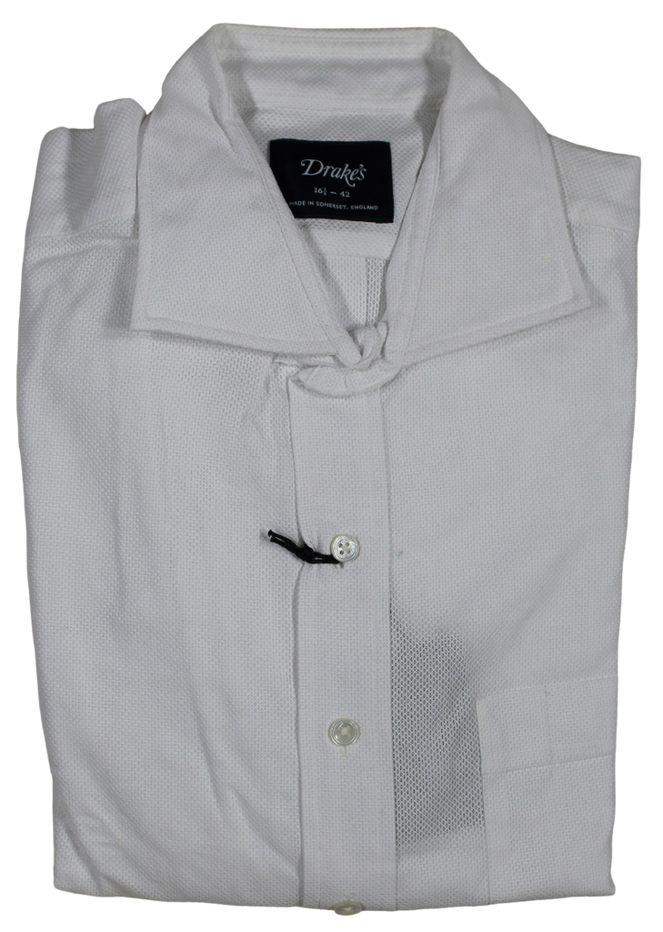 Drake's – White Mesh Cotton Shirt w/Spread Collar