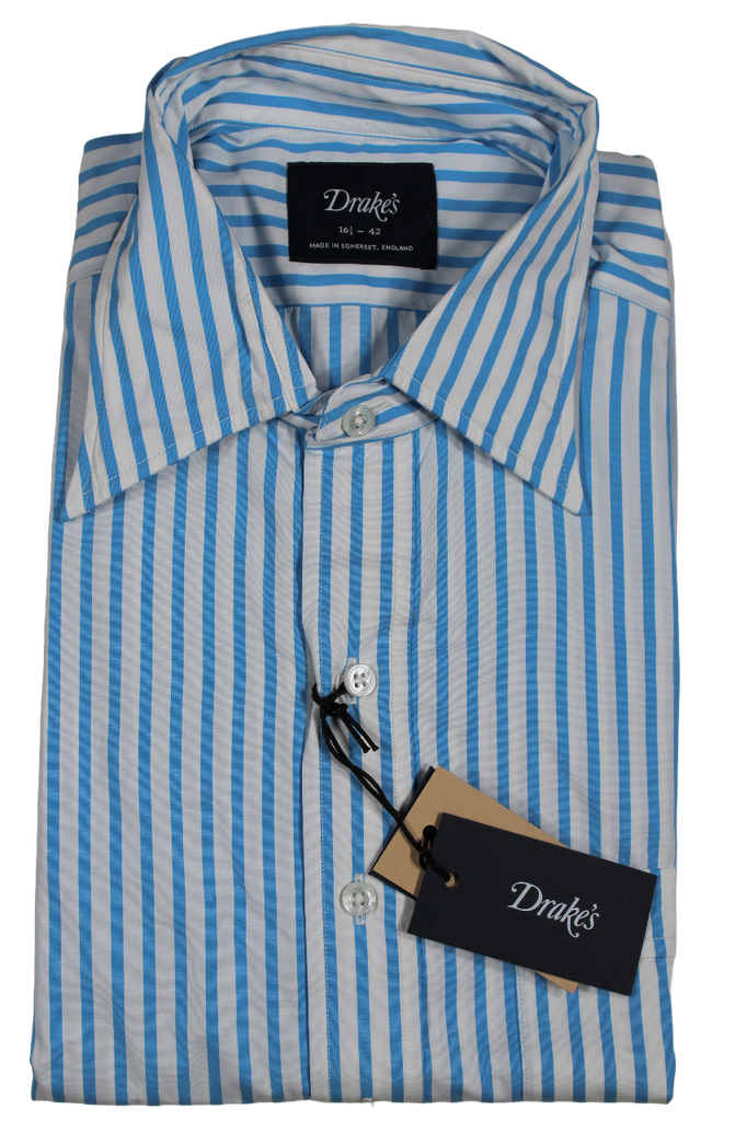 Drake's – Aqua Blue Stripe Shirt w/Point Collar