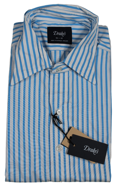 Drake's – Aqua Blue Stripe Shirt w/Point Collar