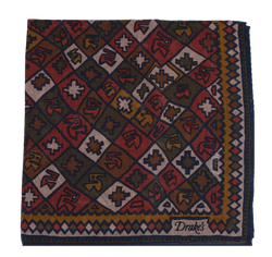 Drake's – Navy & Olive Wool/Silk Pocket Square w/Aztec Print