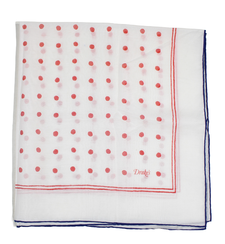 Drake's – White Cotton/Silk Pocket Square w/Red Polka Dot Print