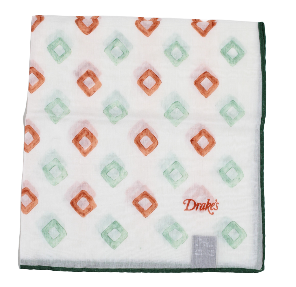 Drake's – White Cotton/Silk Pocket Square w/Diamond Print