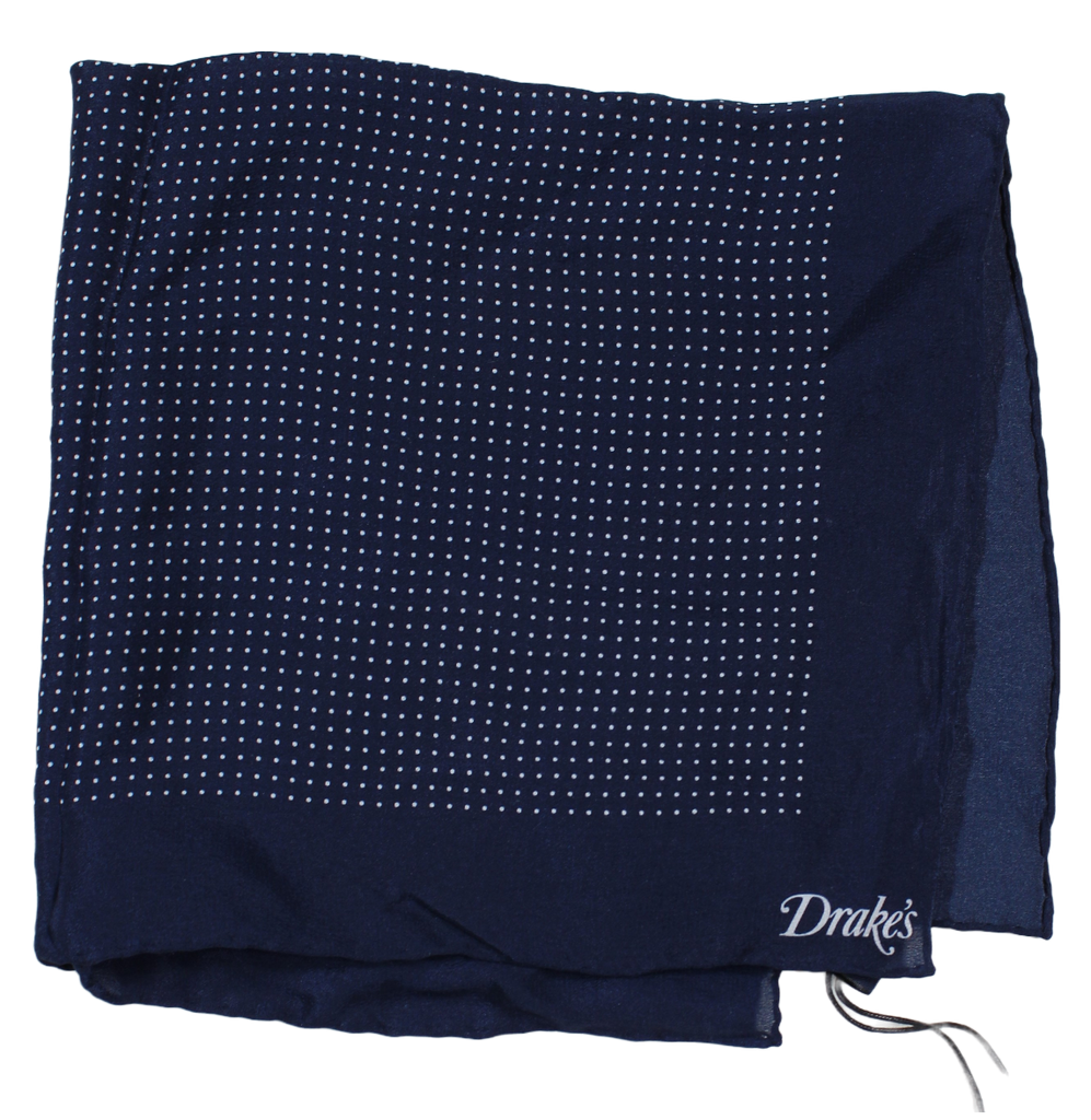 Drake's – Navy Silk Pocket Square w/Polka Dot Pattern