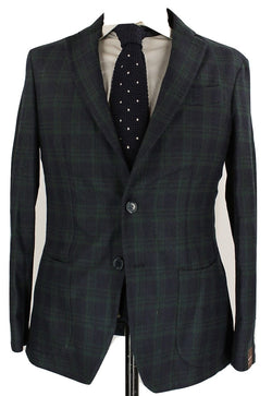 Fugato - Navy & Green Plaid Wool Flannel Blazer - PEURIST