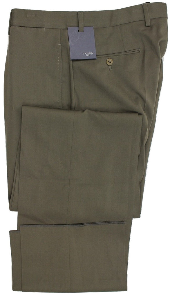 Incotex - Olive Green Four-Season Wool Pants - PEURIST