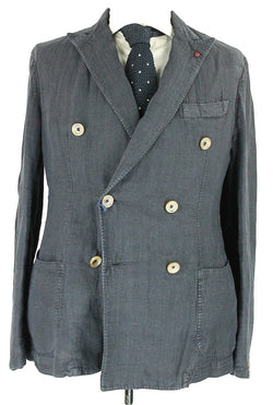 Fugato - Navy Washed Linen Double Breasted Blazer - PEURIST