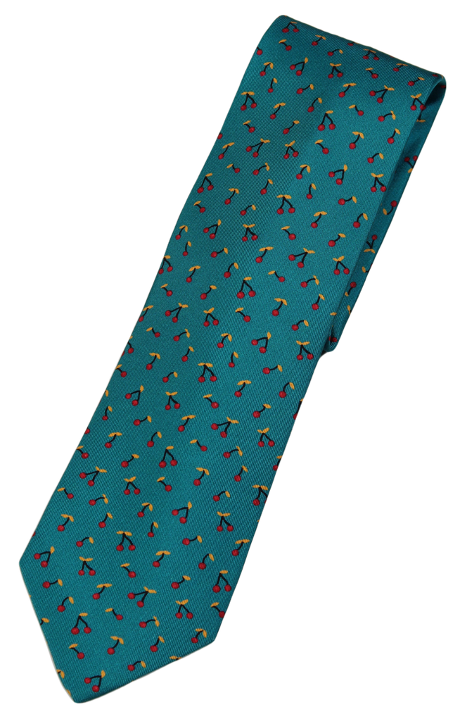 Drake's – Teal Silk Tie w/Cherry Pattern [IMPERFECT - FS]