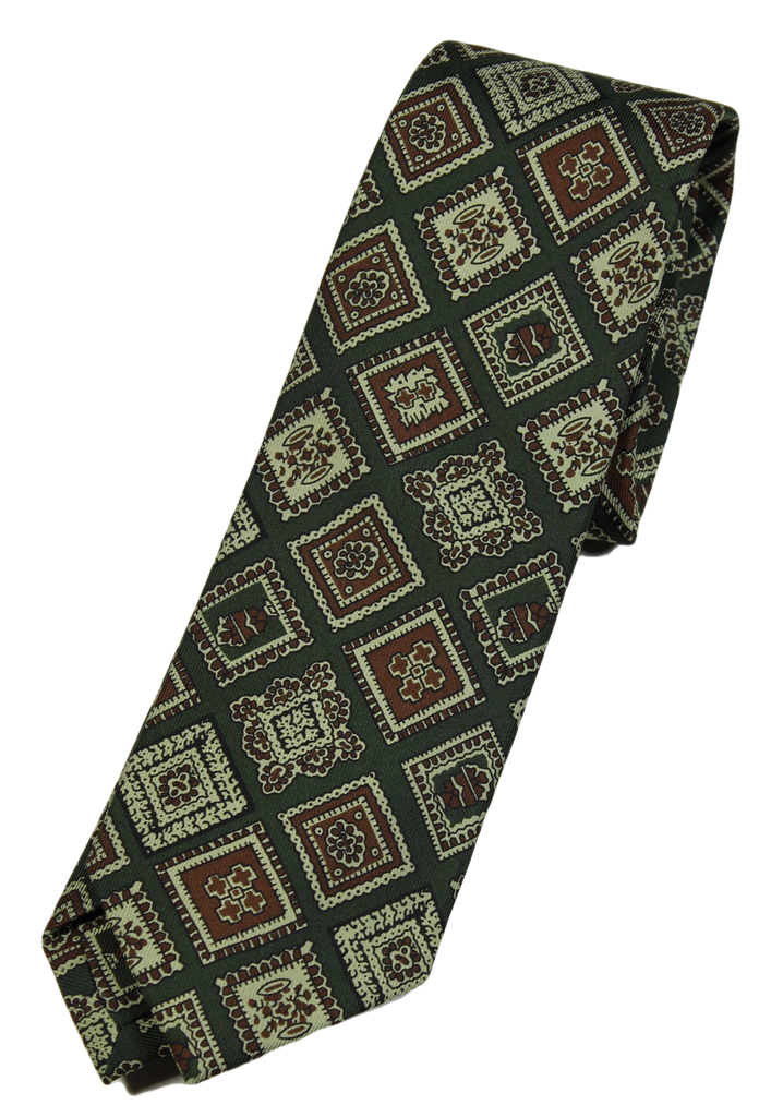 Drake's – Dark Green Silk Tie w/Ancient Madder Print