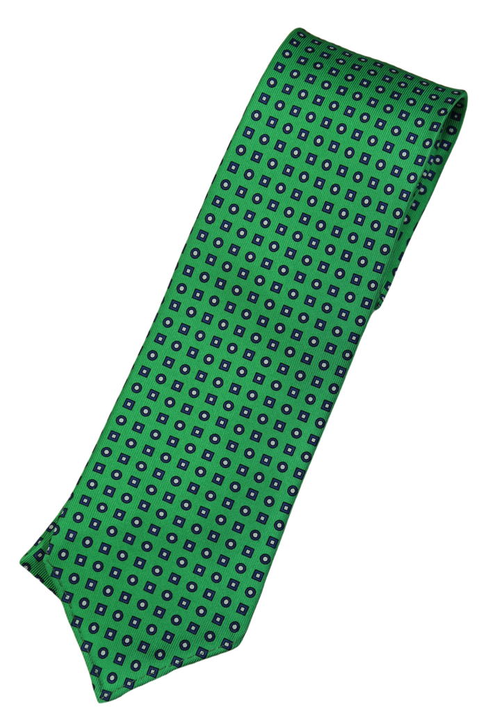 Drake's – Green Silk Tie w/Blue Geometric Pattern