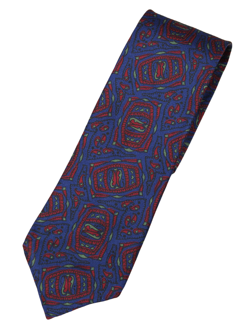 Drake's – Dark Blue Silk Tie w/Red Tribal Print