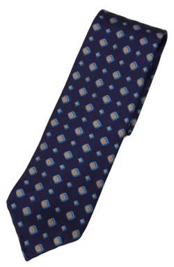 Drake's – Navy Silk Tie w/Blue & Orange Geometric Print