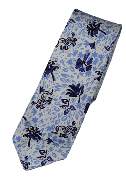 Drake's – Off-White Silk Tie w/Blue Elephant + Leaf Print