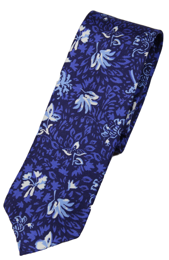 Drake's – Navy Silk Tie w/Blue & White Elephant + Leaf Print