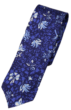 Drake's – Navy Silk Tie w/Blue & White Elephant + Leaf Print