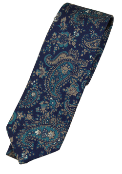 Drake's – Navy Silk Tie w/Teal & Brown Paisley Print