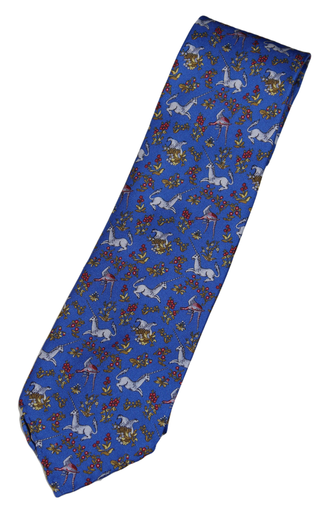 Drake's – Blue Silk Tie w/Unicorn & Bird Print