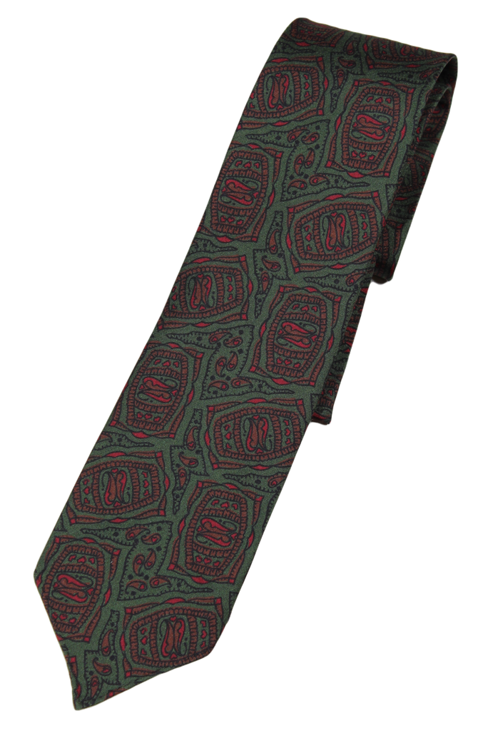Drake's – Dark Green Silk Tie w/Brown & Red Tribal Print