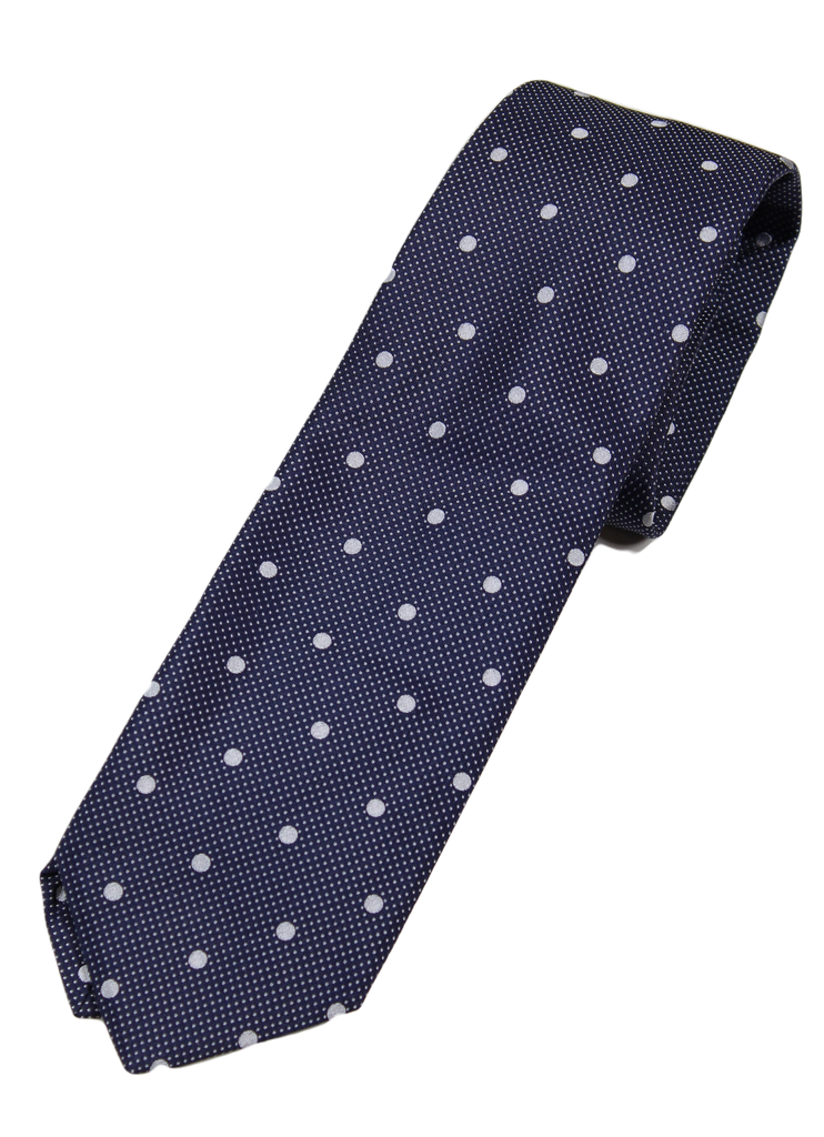 Drake's – Navy Silk Tie w/Silver Polka Dot Pattern