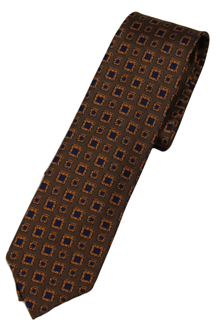 Drake's – Olive Silk Tie w/Orange & Navy Geometric Print