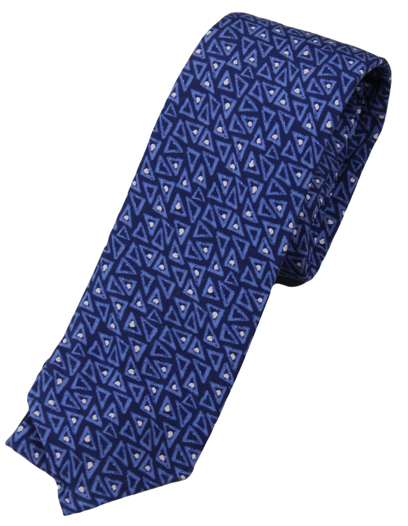 Drake's – Blue Silk Tie w/Light Blue Geometric Print