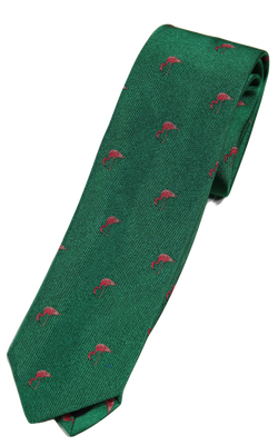 Drake's – Green Silk Tie w/Flamingos