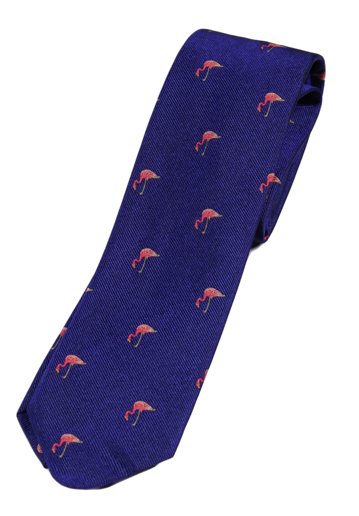 Drake's – Dark Blue Silk Tie w/Flamingos