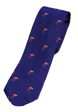 Drake's – Dark Blue Silk Tie w/Flamingos