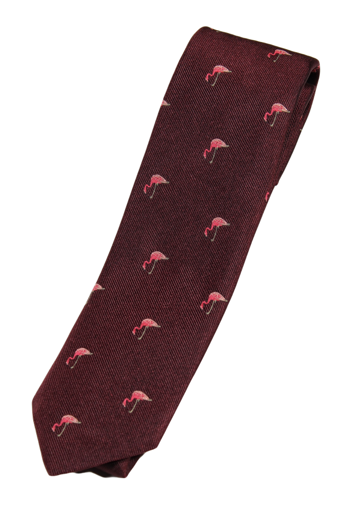 Drake's – Burgundy Silk Tie w/Flamingos