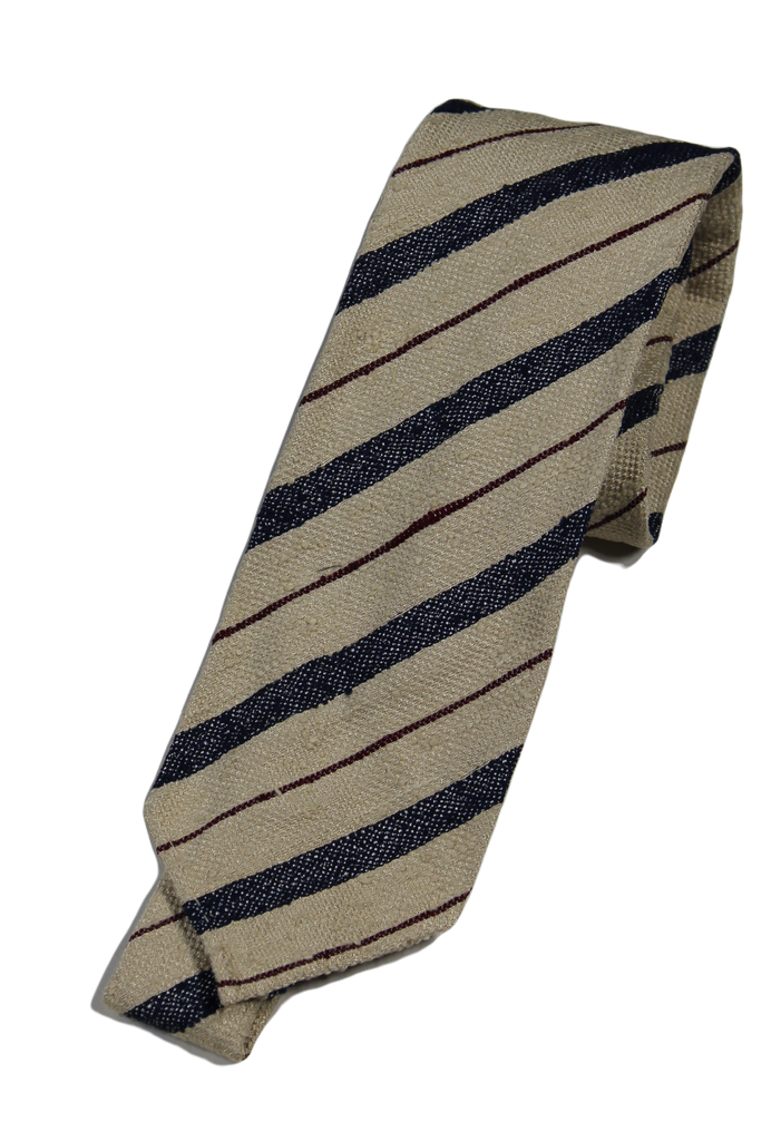 Drake's – Oatmeal Raw Silk Tie w/Navy & Brown Repp Stripe
