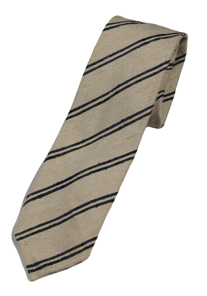 Drake's – Oatmeal Raw Silk Tie w/Navy & Green Repp Stripe
