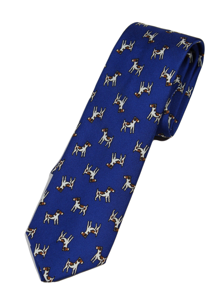 Drake's – Dark Blue Silk Tie w/Terrier Print