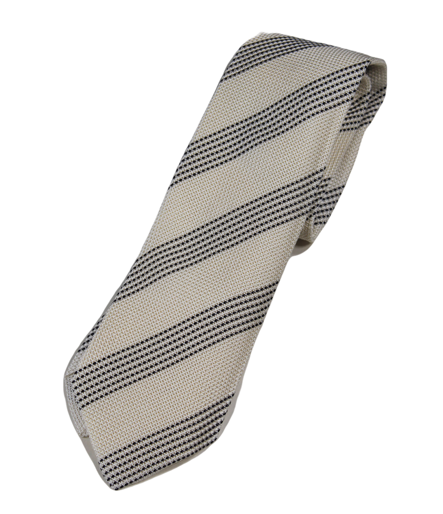 Drake's – Off-White Grenadine Silk Tie w/Navy Repp Stripe